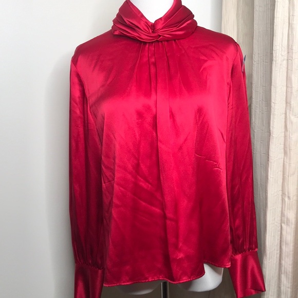VTG Red Silk Satin Balloon Button Sleeve Blouse L - Picture 9 of 16